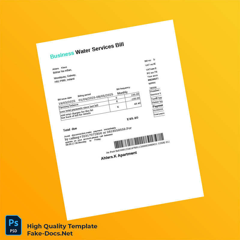 Ireland Editable Water Bill Template in Word and PDF formats 2 page Ireland Editable Water Bill Template in Word and PDF formats 2 page