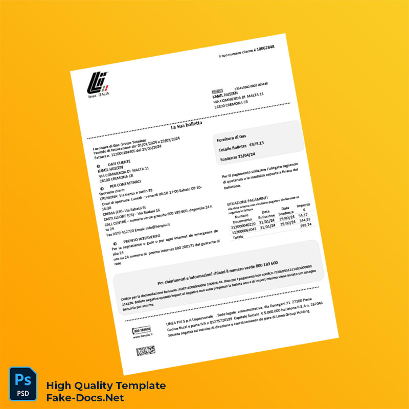 Italy LINEA PIU Editable Gas Bill Template in Word and PDF formats Italy LINEA PIU Editable Gas Bill Template in Word and PDF formats