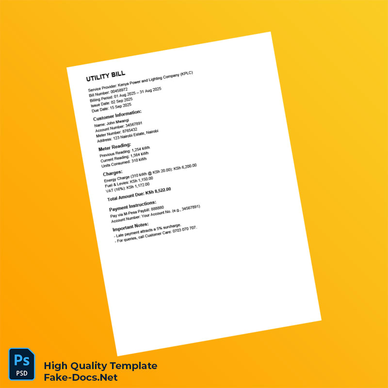 Kenya Kenya Power and Lighting Company Editable Utility Bill Template in Word and PDF formats Kenya Kenya Power and Lighting Company Editable Utility Bill Template in Word and PDF formats