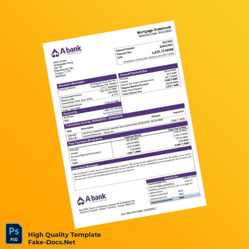 Myanmar A Bank Mortgage Statement Template in Word and PDF formats Myanmar A Bank Mortgage Statement Template in Word and PDF formats