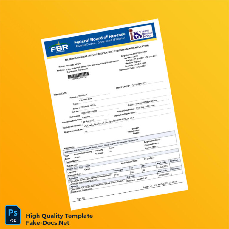 Pakistan Editable Tax Registration Document Template in Word and PDF ...