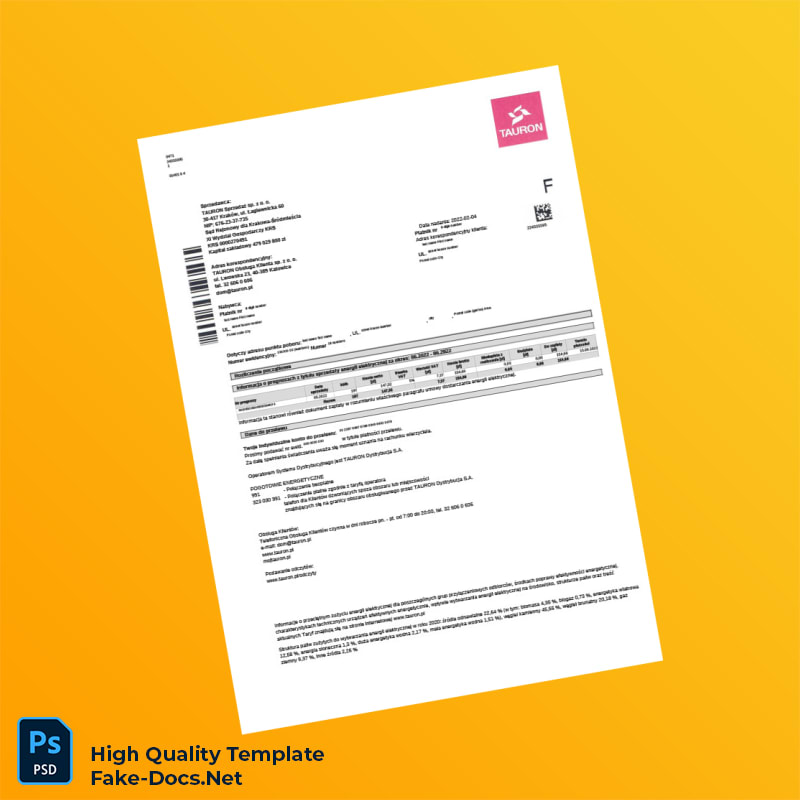 Poland TAURON Dystrybucja S A Editable Utility Bill Template in Word and PDF formats Poland TAURON Dystrybucja S A Editable Utility Bill Template in Word and PDF formats