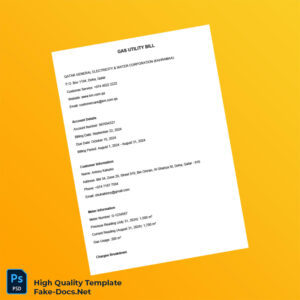 Qatar Qatar General Electricity Water Corporation Kahramaa Editable Gas Utility Bill Template in Word and PDF formats 2 page