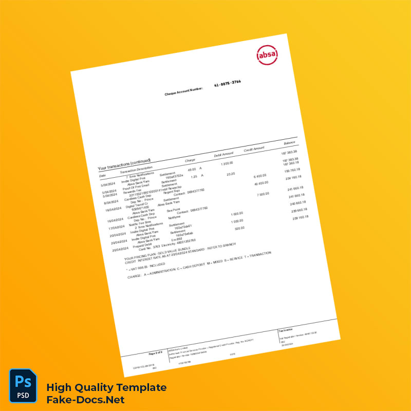 South Africa Absa Bank Cheque Account Statement Template in Word and PDF formats 2 page South Africa Absa Bank Cheque Account Statement Template in Word and PDF formats 2 page