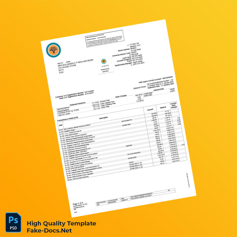 South Africa Bank Statement Template in Word and PDF formats 5 page South Africa Bank Statement Template in Word and PDF formats 5 page