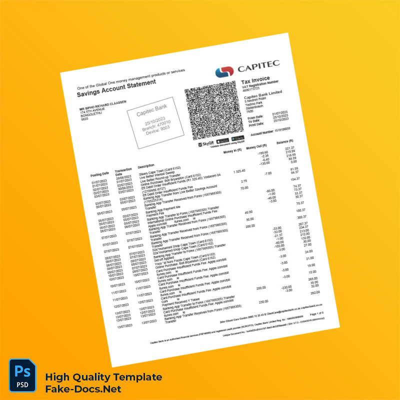 South Africa Capitec Bank Savings Statement Template in Word and PDF formats 8 page South Africa Capitec Bank Savings Statement Template in Word and PDF formats 8 page