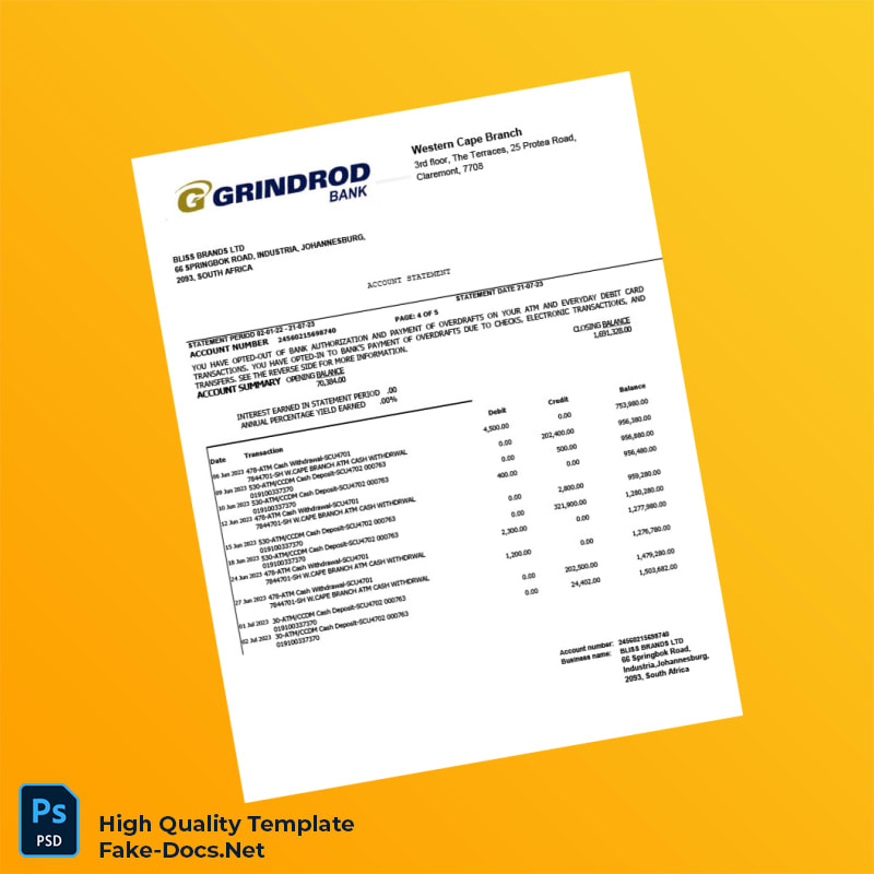 South Africa Grindrod Bank Statement Template in Word and PDF formats 5 page South Africa Grindrod Bank Statement Template in Word and PDF formats 5 page