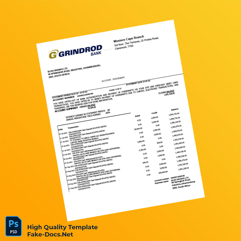 South Africa Grindrod Bank Statement Template in Word and PDF formats 5 page South Africa Grindrod Bank Statement Template in Word and PDF formats 5 page