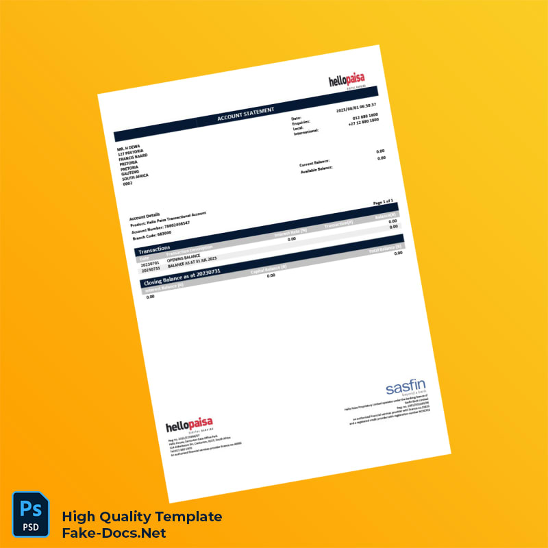 South Africa Hello Paisa Bank Statement Template in Word and PDF formats South Africa Hello Paisa Bank Statement Template in Word and PDF formats