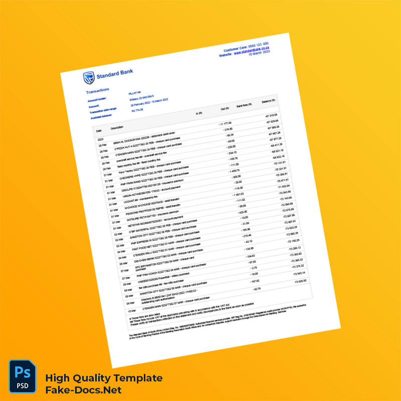 South Africa Standard Bank Bank Statement Template in Word and PDF formats South Africa Standard Bank Bank Statement Template in Word and PDF formats