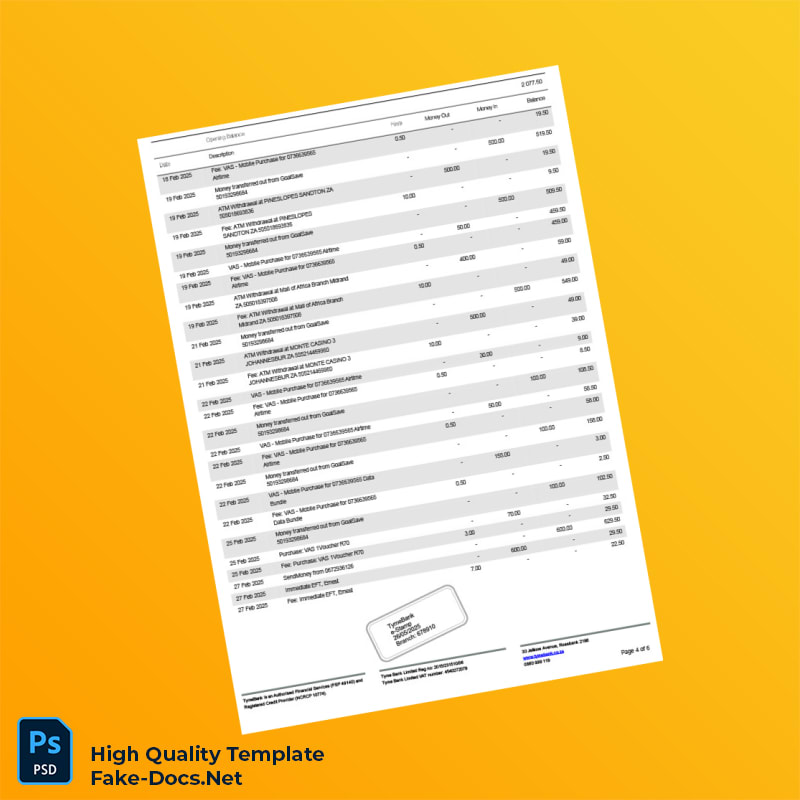 South Africa TymeBank Personal Bank Statement Template in Word and PDF formats 6 page South Africa TymeBank Personal Bank Statement Template in Word and PDF formats 6 page
