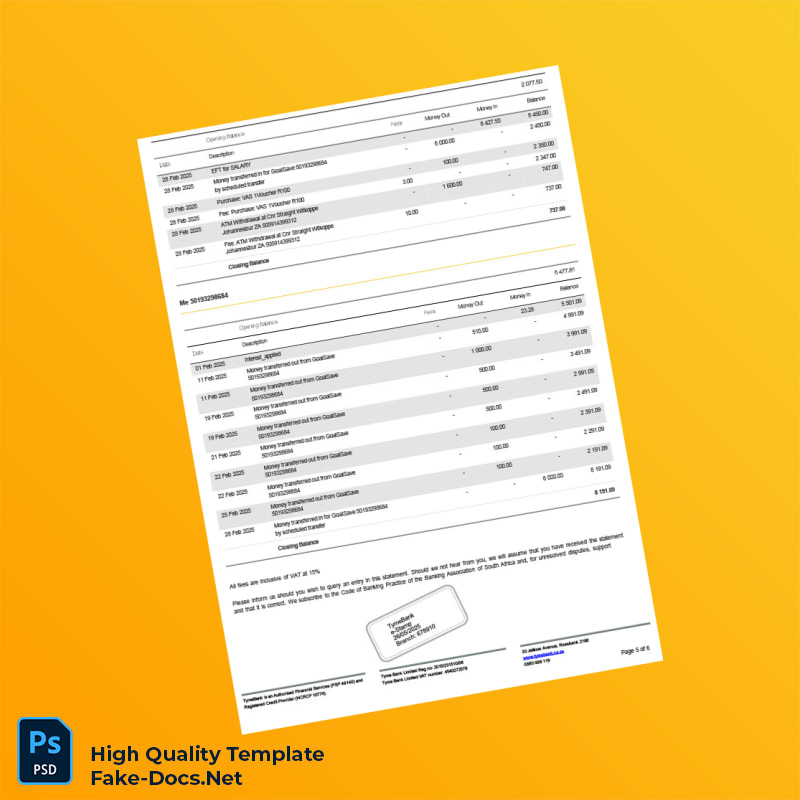 South Africa TymeBank Personal Bank Statement Template in Word and PDF formats 6 page South Africa TymeBank Personal Bank Statement Template in Word and PDF formats 6 page