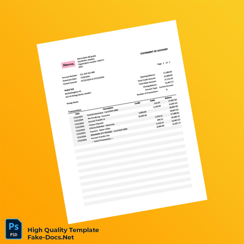 Sweden Klarna Bank Statement Template in Word and PDF formats Sweden Klarna Bank Statement Template in Word and PDF formats