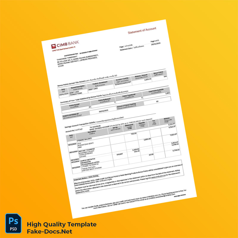 Thailand CIMB Bank Statement Template in Word and PDF formats Thailand CIMB Bank Statement Template in Word and PDF formats