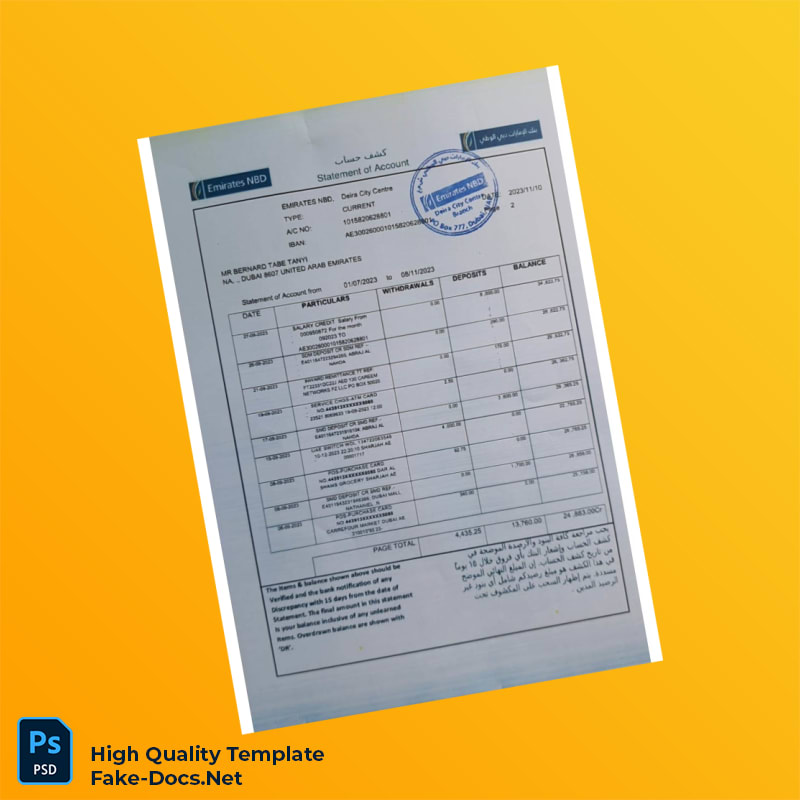 UAE Emirates NBD Statement of Account Template in Word and PDF formats 4 page UAE Emirates NBD Statement of Account Template in Word and PDF formats 4 page