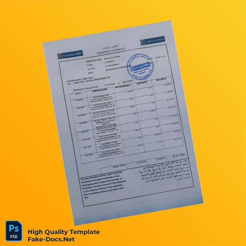 UAE Emirates NBD Statement of Account Template in Word and PDF formats 4 page UAE Emirates NBD Statement of Account Template in Word and PDF formats 4 page