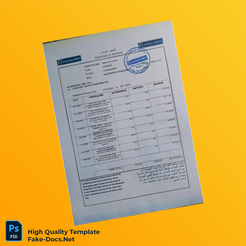 UAE Emirates NBD Statement of Account Template in Word and PDF formats 4 page UAE Emirates NBD Statement of Account Template in Word and PDF formats 4 page