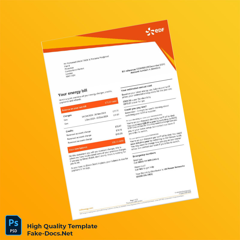 UK EDF Editable Utility Bill Template in Word and PDF formats 5 page UK EDF Editable Utility Bill Template in Word and PDF formats 5 page