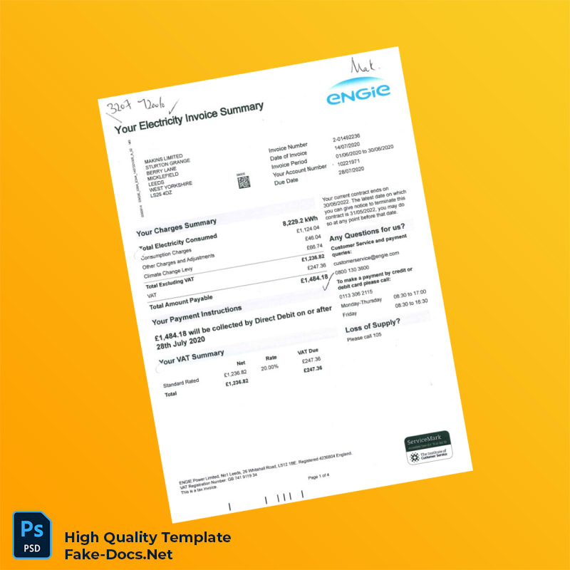 UK ENGIE Power Limited Editable Electricity Bill Template in Word and PDF formats UK ENGIE Power Limited Editable Electricity Bill Template in Word and PDF formats