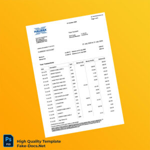 UK Halifax Current Account Statement Template in Word and PDF formats 2 page