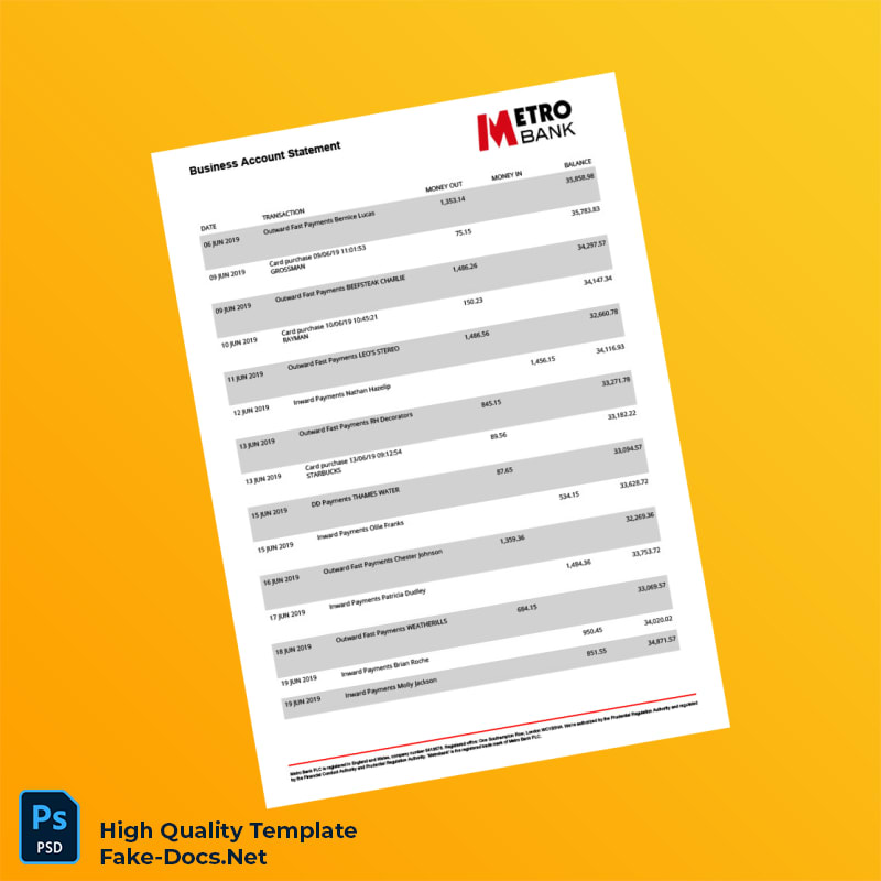 UK Metro Bank Business Account Statement Template in Word and PDF formats 5 page UK Metro Bank Business Account Statement Template in Word and PDF formats 5 page