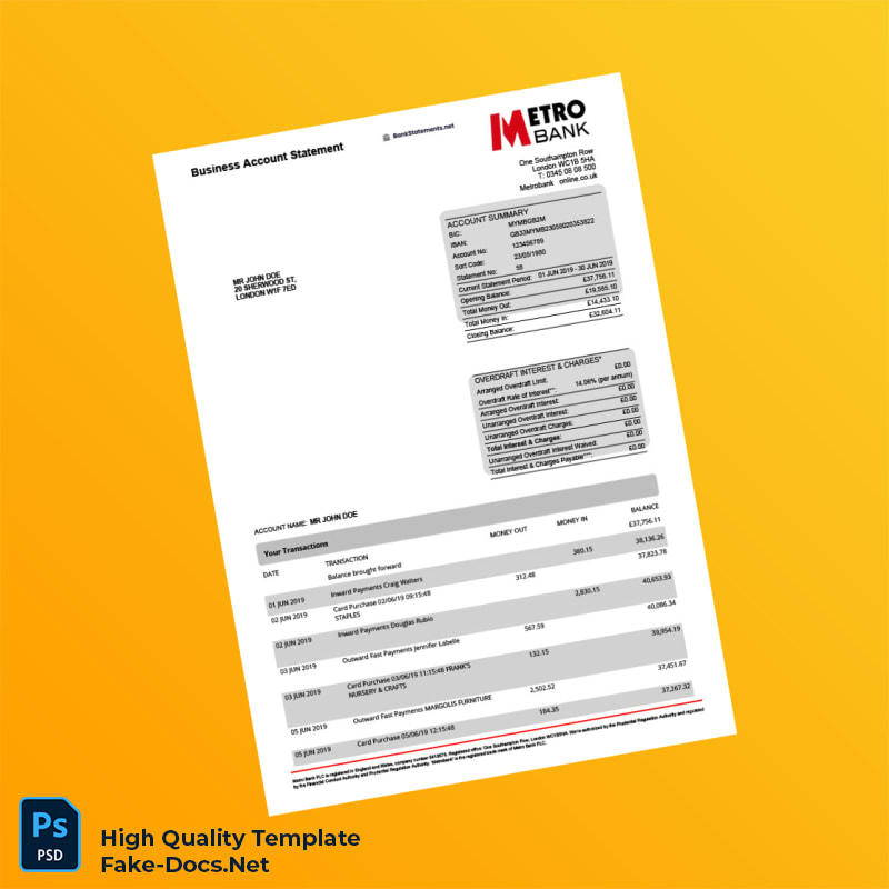 UK Metro Bank Business Account Statement Template in Word and PDF formats 5 page UK Metro Bank Business Account Statement Template in Word and PDF formats 5 page