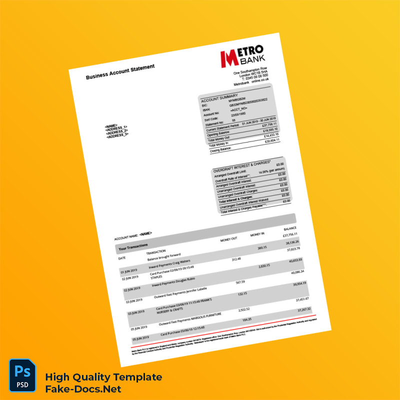 UK Metro Bank Statement Template in Word and PDF formats 2 page UK Metro Bank Statement Template in Word and PDF formats 2 page
