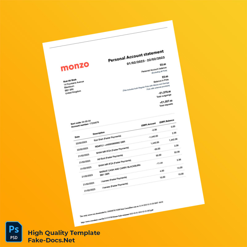 UK Monzo Bank Statement Template in Word and PDF formats 5 page UK Monzo Bank Statement Template in Word and PDF formats 5 page
