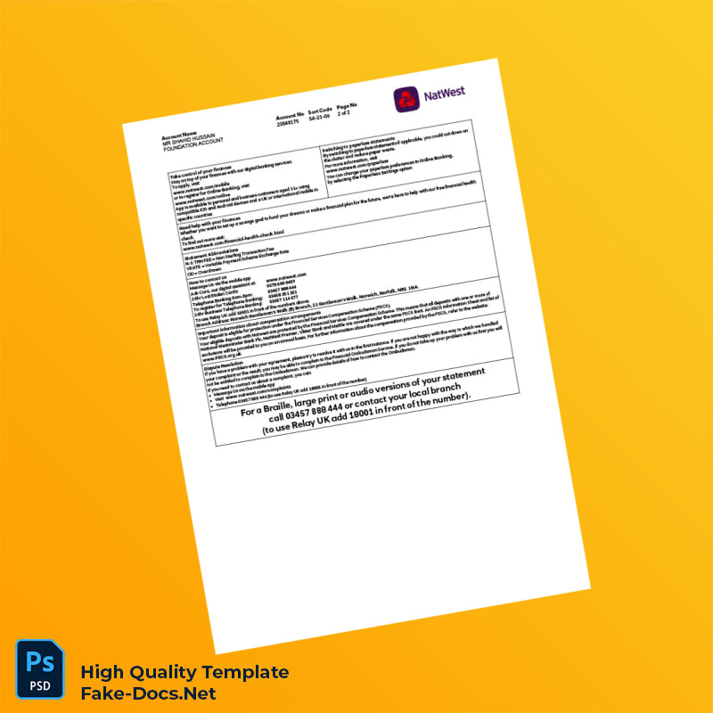 UK NatWest Bank Statement Template in Word and PDF formats 2 page UK NatWest Bank Statement Template in Word and PDF formats 2 page