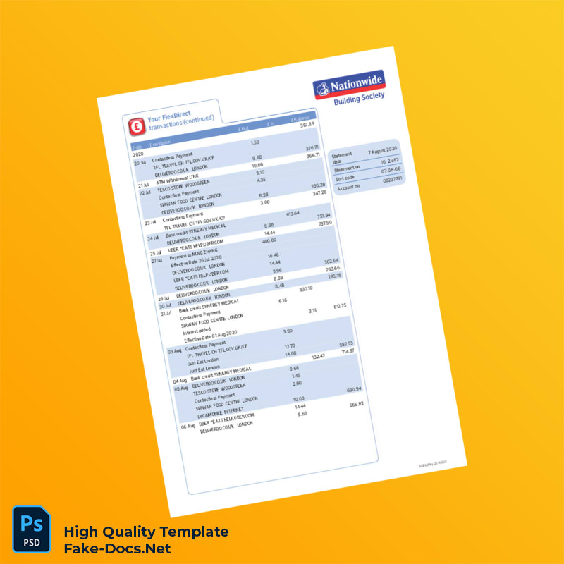 UK Nationwide Bank Statement Template in Word and PDF formats 4 page UK Nationwide Bank Statement Template in Word and PDF formats 4 page