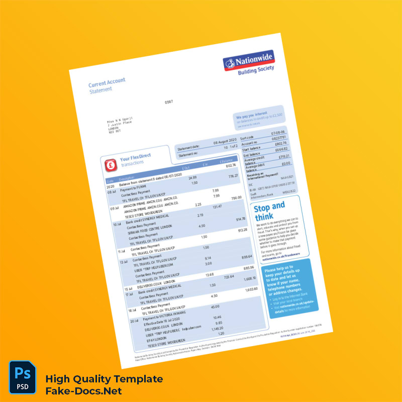 UK Nationwide Bank Statement Template in Word and PDF formats 8 page UK Nationwide Bank Statement Template in Word and PDF formats 8 page