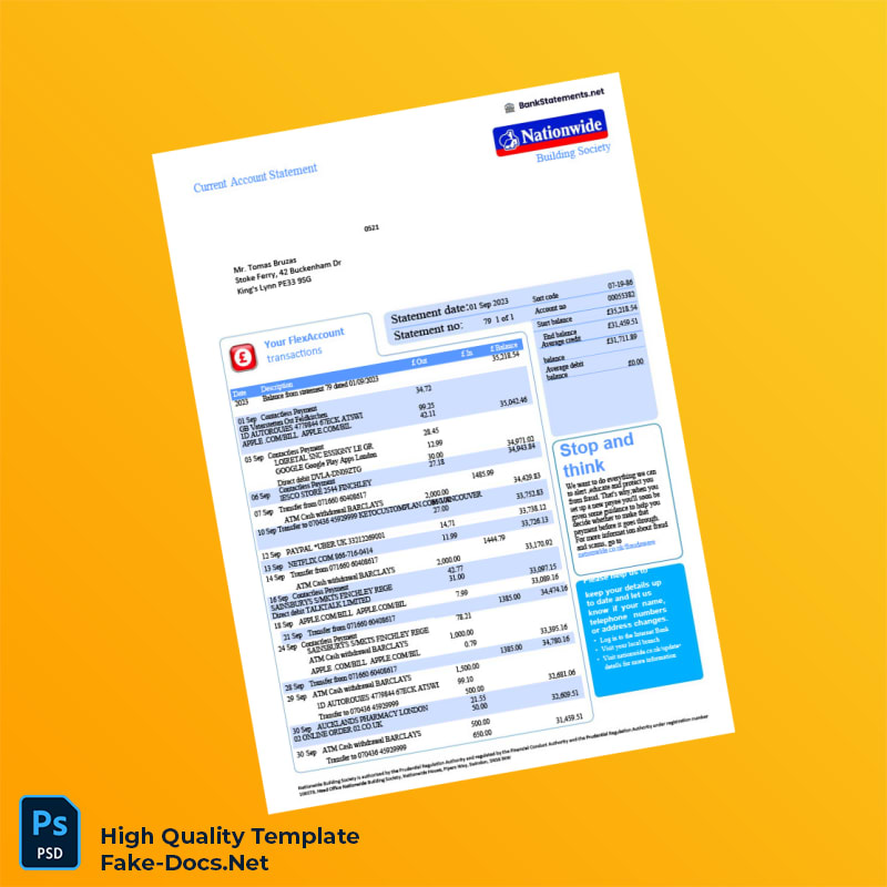 UK Nationwide Building Society Bank Statement Template in Word and PDF formats 2 page UK Nationwide Building Society Bank Statement Template in Word and PDF formats 2 page