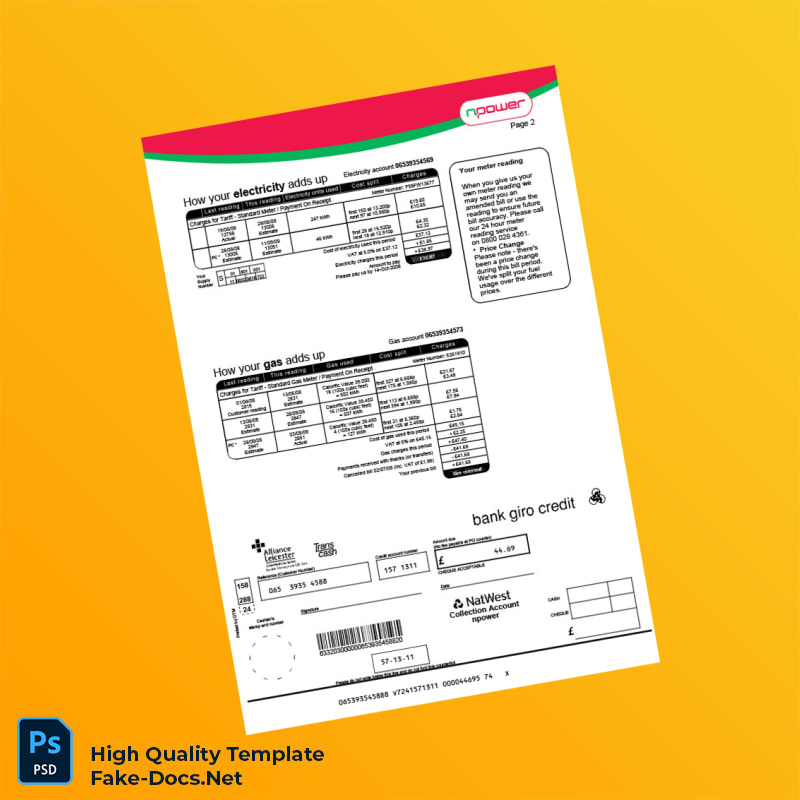 UK Npower Editable Dual Fuel Bill Template in Word and PDF formats 3 page UK Npower Editable Dual Fuel Bill Template in Word and PDF formats 3 page