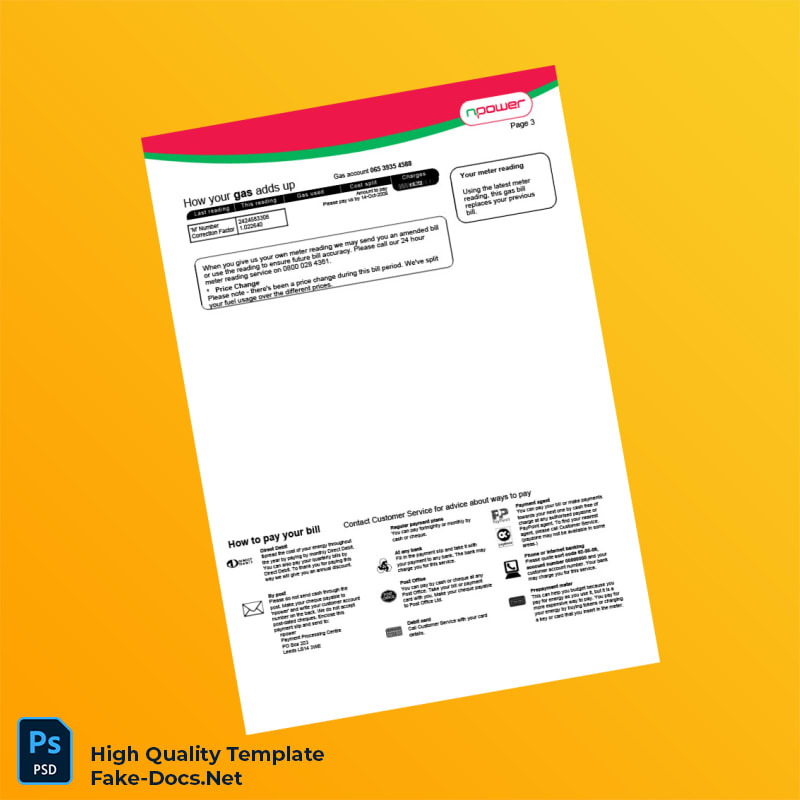 UK Npower Editable Dual Fuel Bill Template in Word and PDF formats 3 page UK Npower Editable Dual Fuel Bill Template in Word and PDF formats 3 page