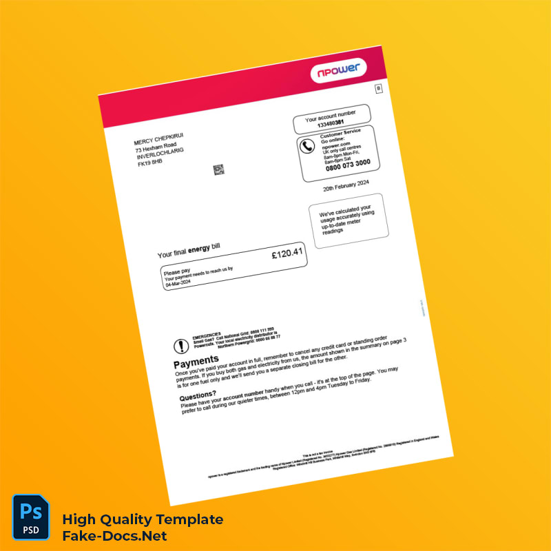 UK npower Editable Energy Bill Template in Word and PDF formats UK npower Editable Energy Bill Template in Word and PDF formats