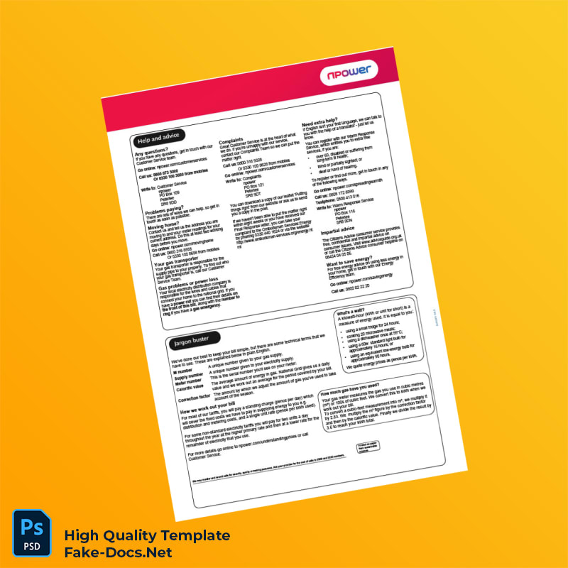 UK Npower Editable Energy Bill Template in Word and PDF formats 5 page UK Npower Editable Energy Bill Template in Word and PDF formats 5 page