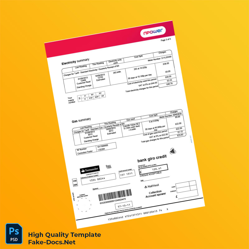 UK Npower Editable Energy Bill Template in Word and PDF formats 5 page UK Npower Editable Energy Bill Template in Word and PDF formats 5 page