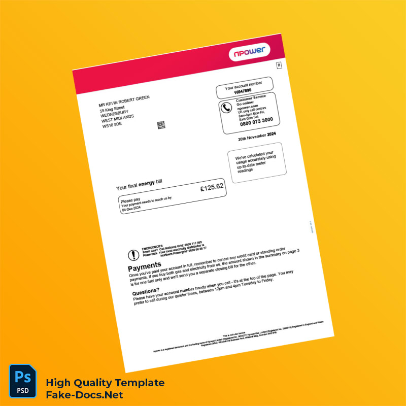 UK Npower Editable Energy Bill Template in Word and PDF formats 5 page UK Npower Editable Energy Bill Template in Word and PDF formats 5 page