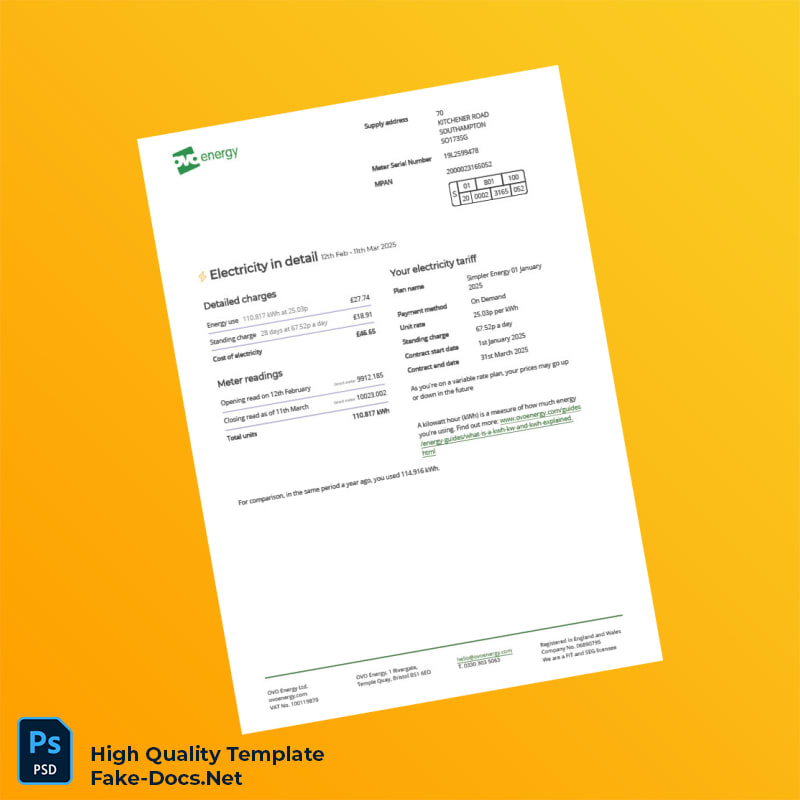 UK OVO Energy Editable Electricity Bill Template in Word and PDF formats 4 page UK OVO Energy Editable Electricity Bill Template in Word and PDF formats 4 page