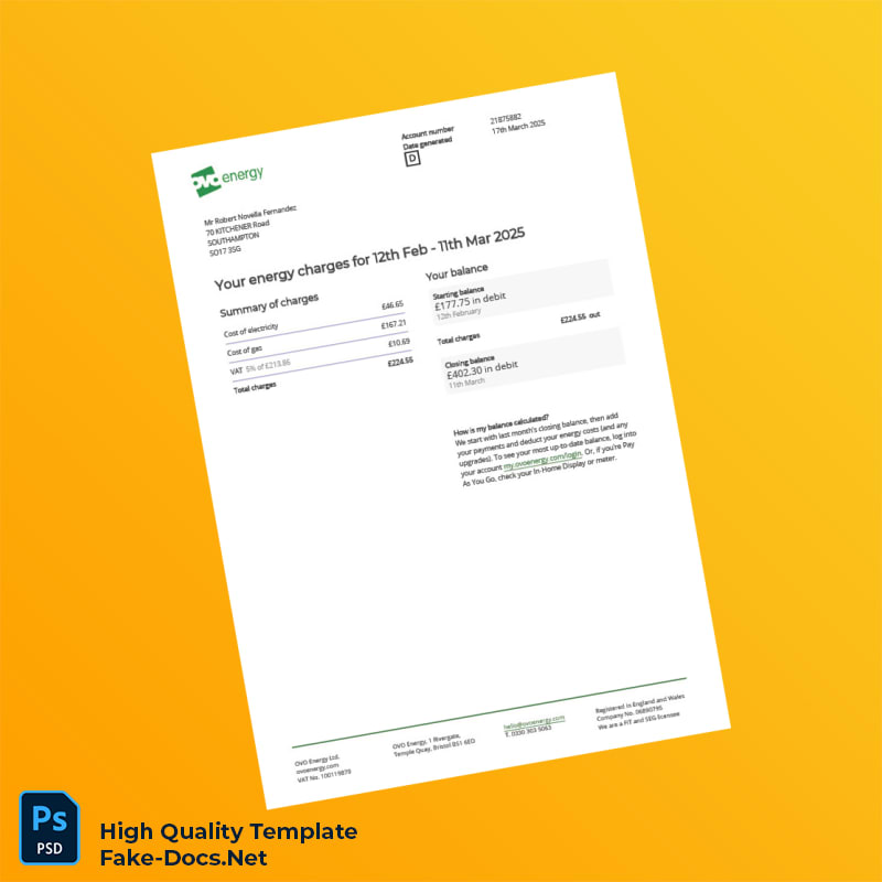 UK OVO Energy Editable Electricity Bill Template in Word and PDF formats 4 page UK OVO Energy Editable Electricity Bill Template in Word and PDF formats 4 page