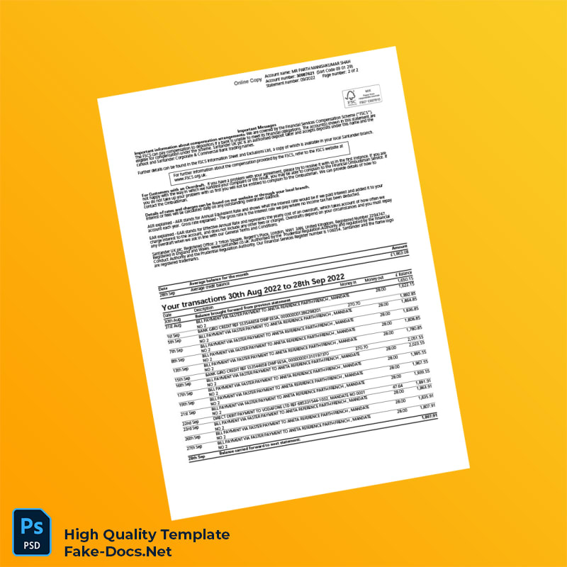 UK Santander Bank Statement Template in Word and PDF formats 2 page UK Santander Bank Statement Template in Word and PDF formats 2 page