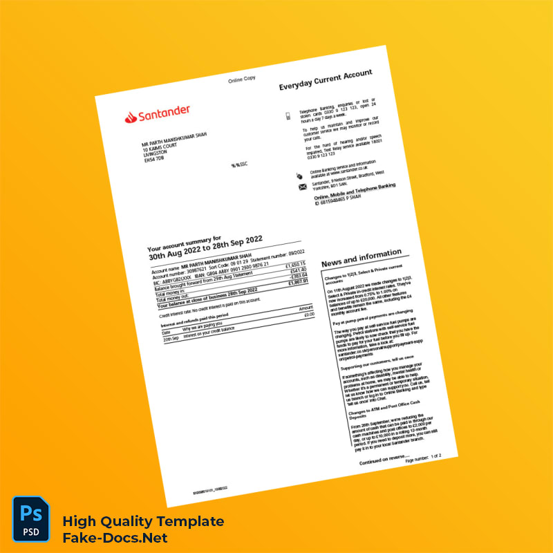 UK Santander Bank Statement Template in Word and PDF formats 2 page UK Santander Bank Statement Template in Word and PDF formats 2 page