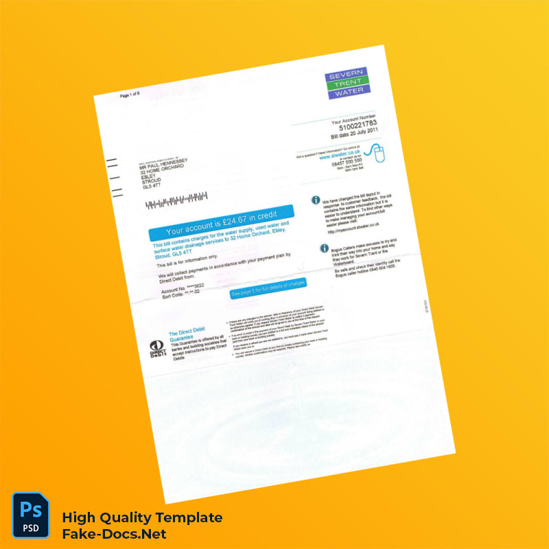 UK Severn Trent Water Editable Water Bill Template in Word and PDF formats UK Severn Trent Water Editable Water Bill Template in Word and PDF formats
