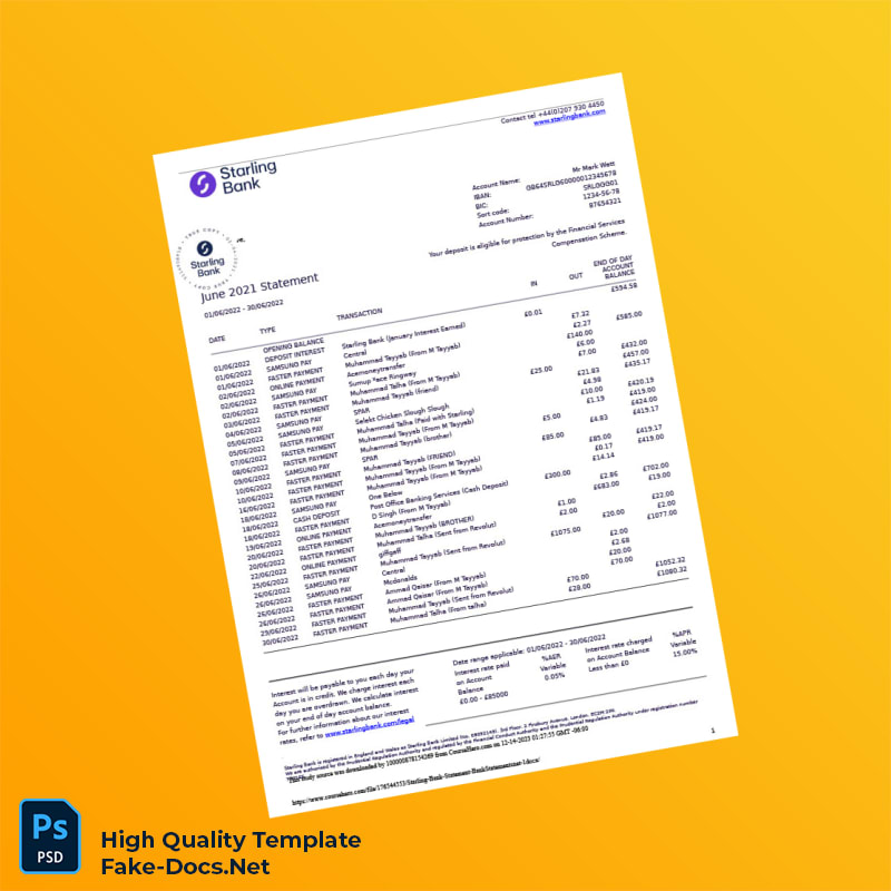 UK Starling Bank Statement Template in Word and PDF formats 2 page UK Starling Bank Statement Template in Word and PDF formats 2 page