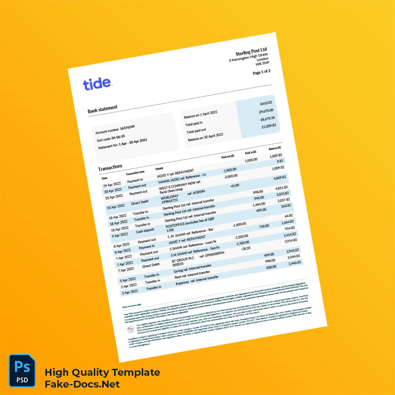 UK Sterling Post Ltd Bank Statement Template in Word and PDF formats 2 page UK Sterling Post Ltd Bank Statement Template in Word and PDF formats 2 page
