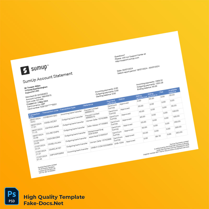 UK SumUp Account Statement Template in Word and PDF formats 2 page UK SumUp Account Statement Template in Word and PDF formats 2 page