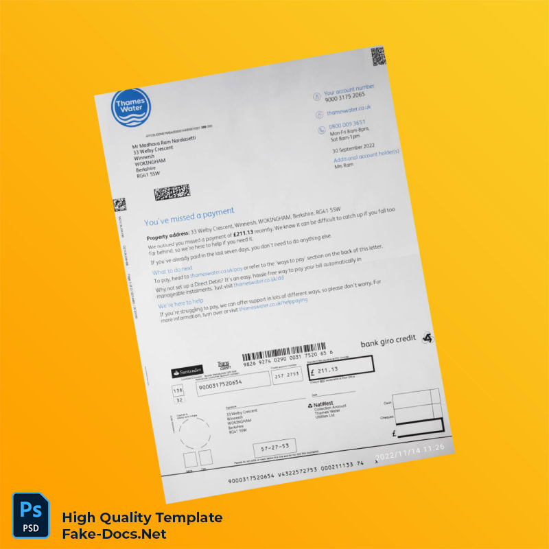 UK Thames Water Editable Utility Bill Template in Word and PDF formats UK Thames Water Editable Utility Bill Template in Word and PDF formats