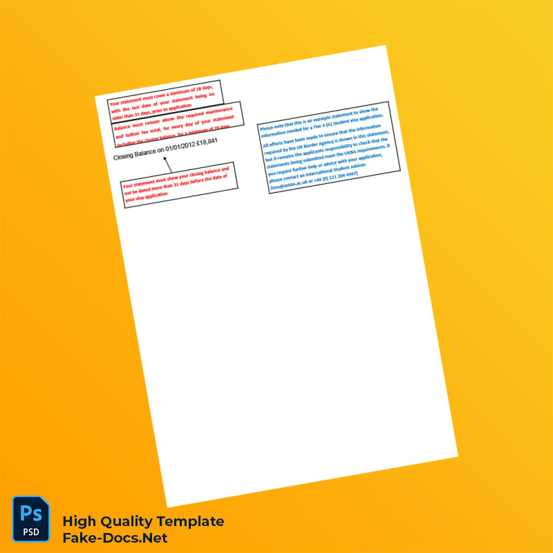 UK The Bank of Aston Bank Statement Template in Word and PDF formats 2 page UK The Bank of Aston Bank Statement Template in Word and PDF formats 2 page