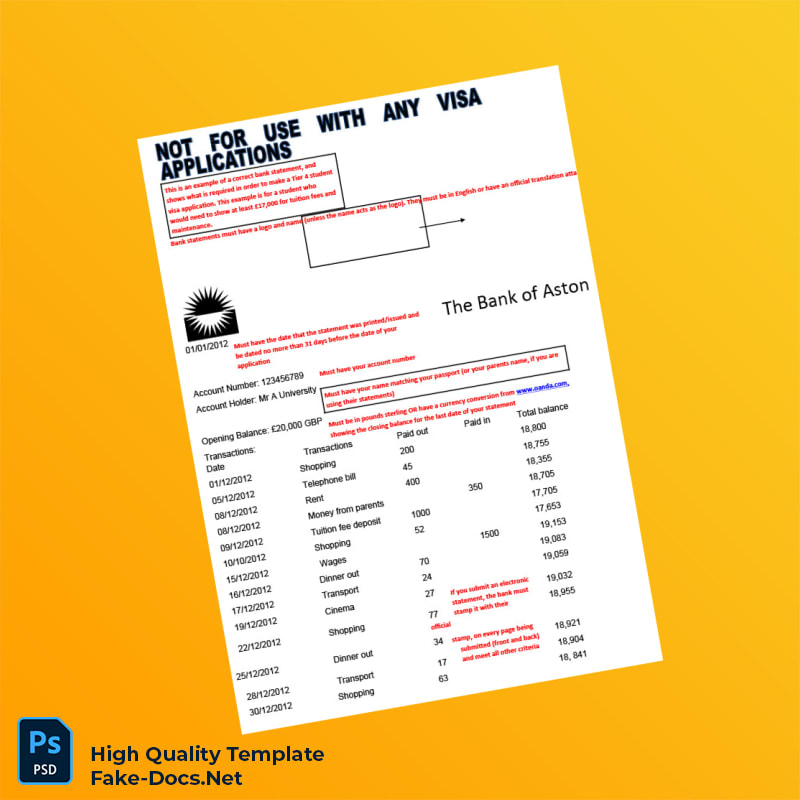 UK The Bank of Aston Bank Statement Template in Word and PDF formats 2 page UK The Bank of Aston Bank Statement Template in Word and PDF formats 2 page