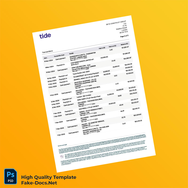 UK Tide Bank Statement Template in Word and PDF formats 3 page UK Tide Bank Statement Template in Word and PDF formats 3 page